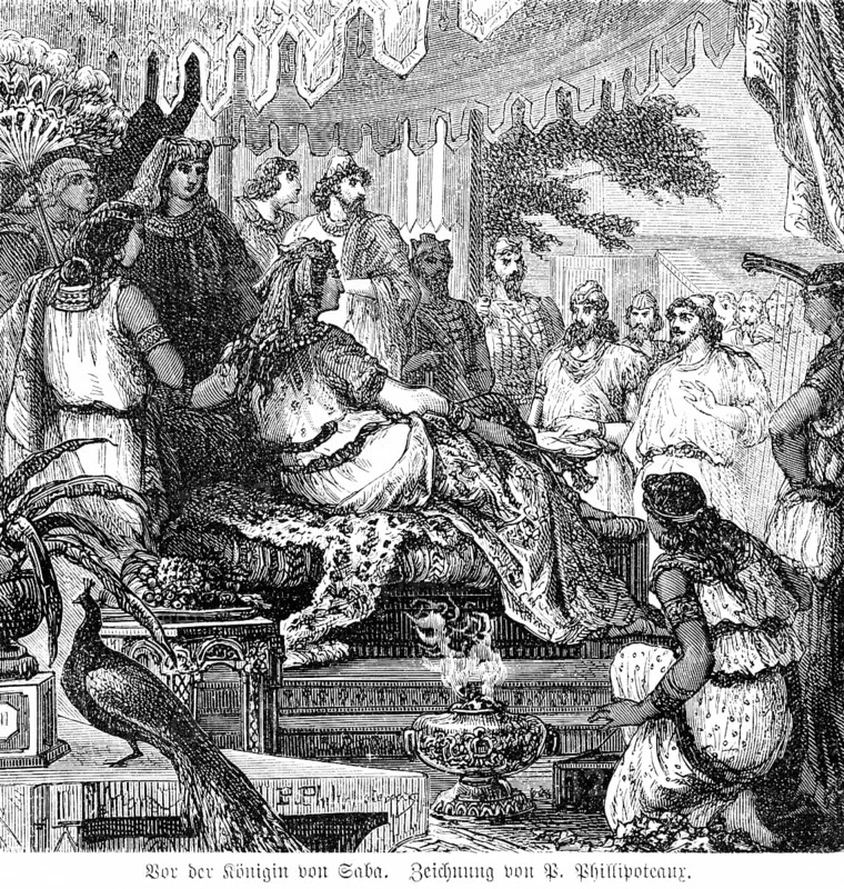 The Queen of Sheba, palace, throne, courtiers, pomp, hall, couch, peacock, biblical figure, incense, Old Testament, 10th century BC, history, historical illustration 1894