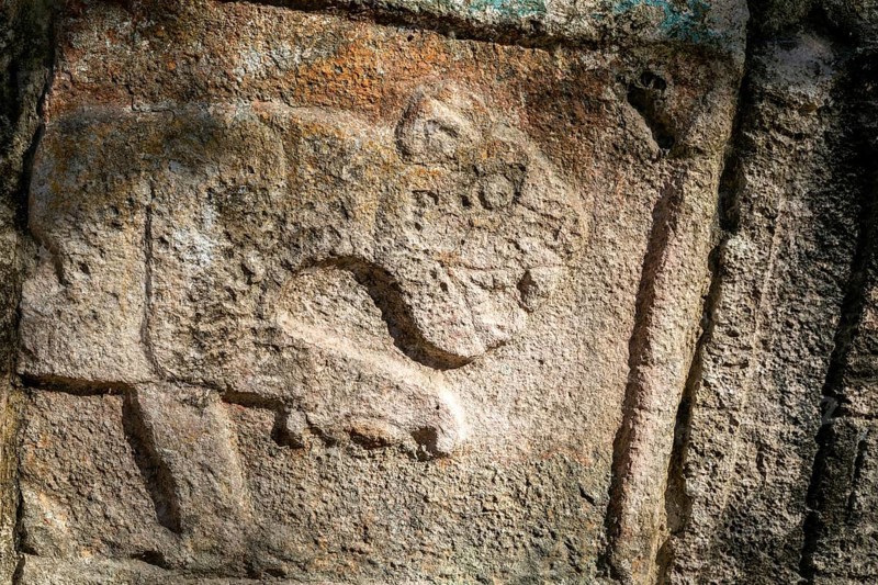 Carved stonework jaguar figure, Chichen Itza, Mayan ruins, Yucatan, Mexico near Temple of the Warriors