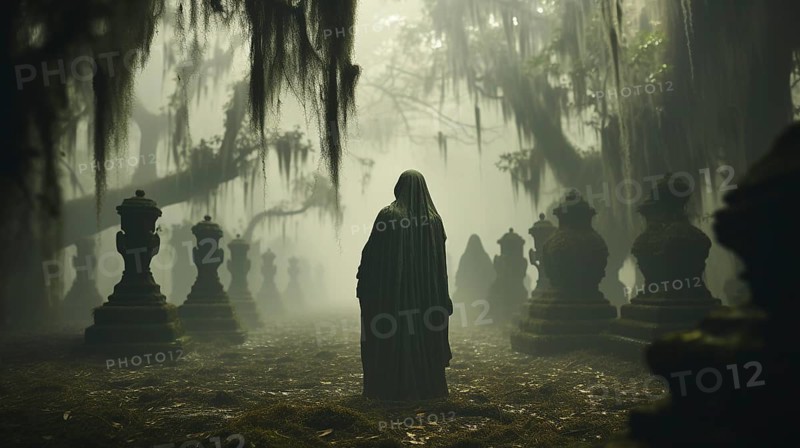 Ghostly female figure silhouette standing or walking amidst the spooky halloween fog outside, generative AI