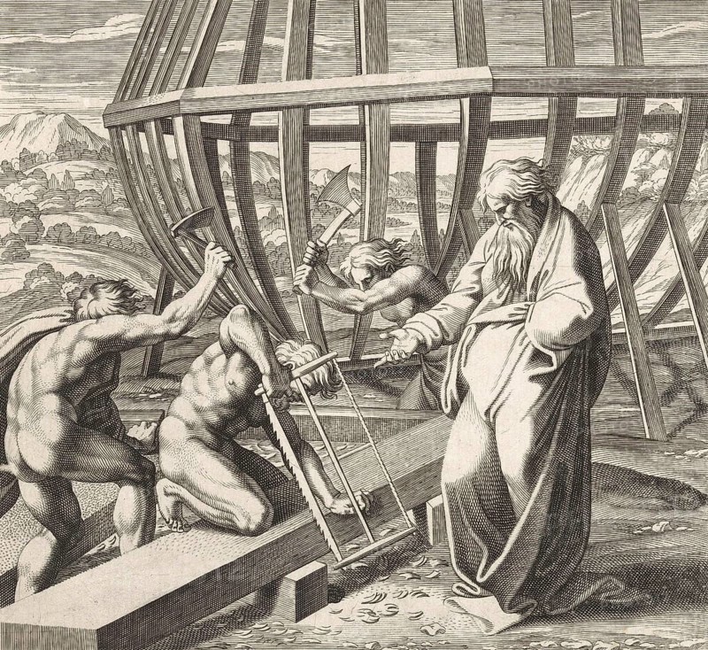 Noah's sons build the ark, According to the biblical book of Genesis, Noah's ark was a buoyant box built by the patriarch Noah, Illustration from 1626, Historic, digitally restored reproduction from an original of the time
