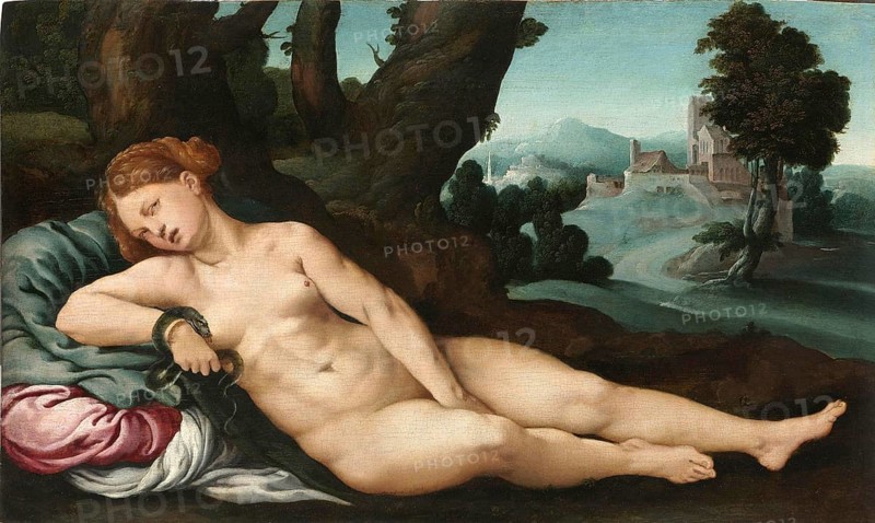 Pharaoh Cleopatra VII born 69 BC, died 12 August 30 BC, ruled Egypt as the last queen of the Macedonian-Greek dynasty of the Ptolemies from 51 BC to 30 BC, Cleopatra's death by the bite of the serpent, painting by Jan van Scorel, Historical, digitally restored reproduction from an original of the time