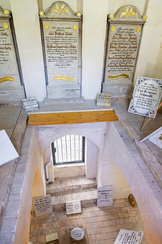 Crypt house with recovered grave slabs at the cemetery in Bad Muskau