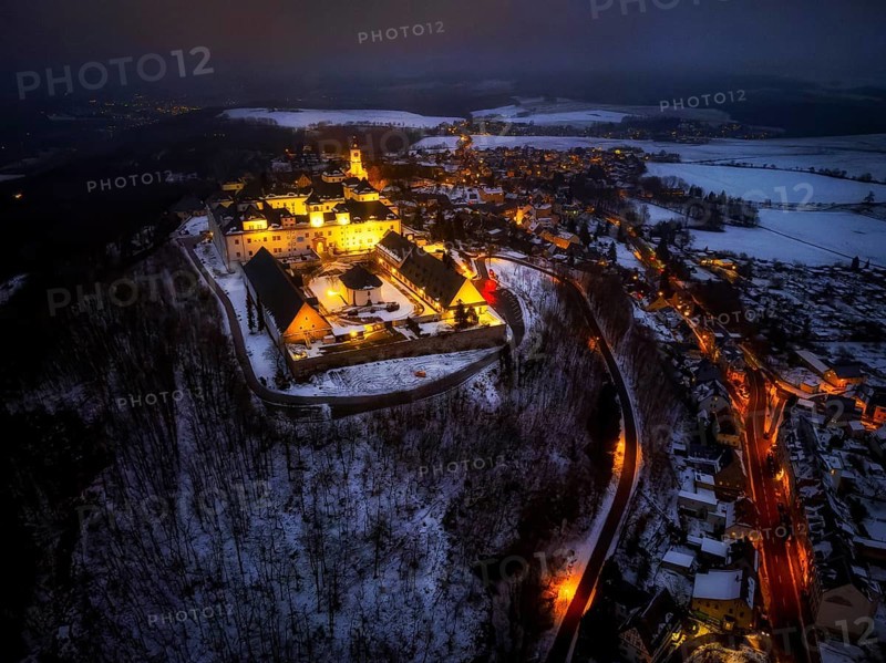 Augustusburg Hunting Lodge, also known as the Crown of the Ore Mountains, on a Winter Evening