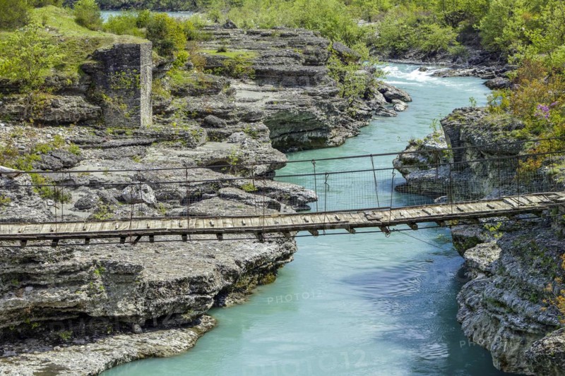 Broken bridge, valley of the Vjosa, the Vjosë is one of the few larger natural rivers in Europe, National Park Wild River Vjosa, Përmet, Qark Gjirokastra, Albania, Europe