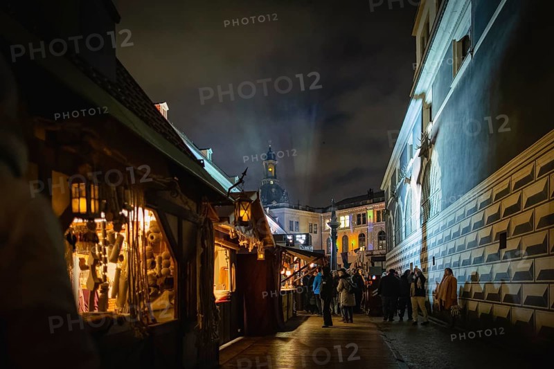 Medieval Christmas market in the stable yard of Dresden's Residenzschloss, a Renaissance knight's tournament complex