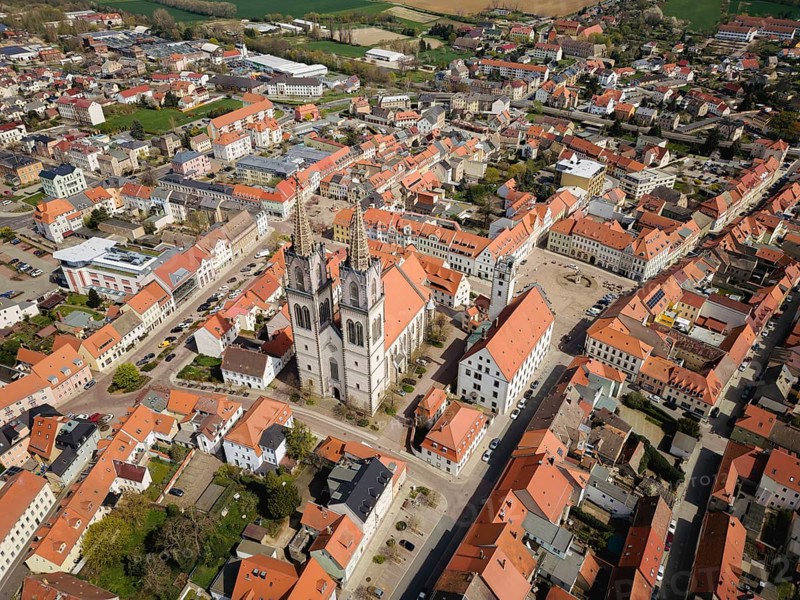 Oschatz in Central Saxony, St. Ägidien town church with Neumarkt and town hall