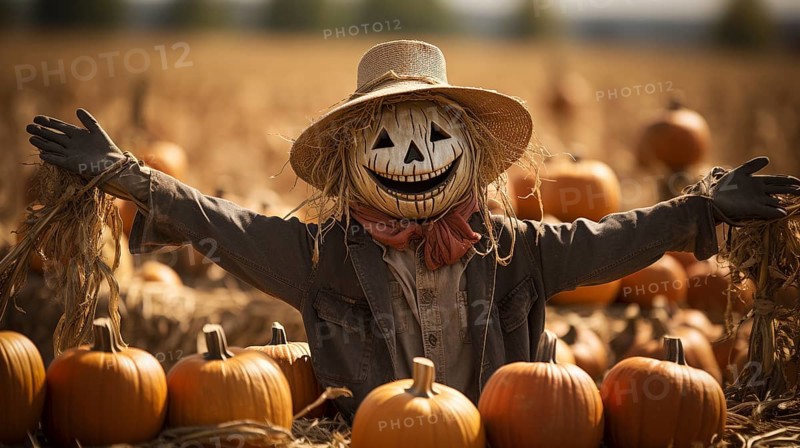 Scary ghostly halloween scarecrow figure sitting amongst the country pumpkin patch, generative AI