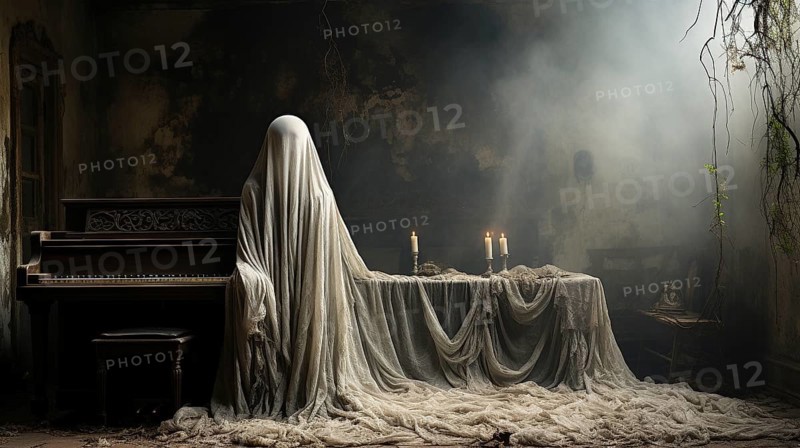 Mysterious and spooky female figure covered in sheer garment standing next to an old dusty piano in an abandoned house, generative AI