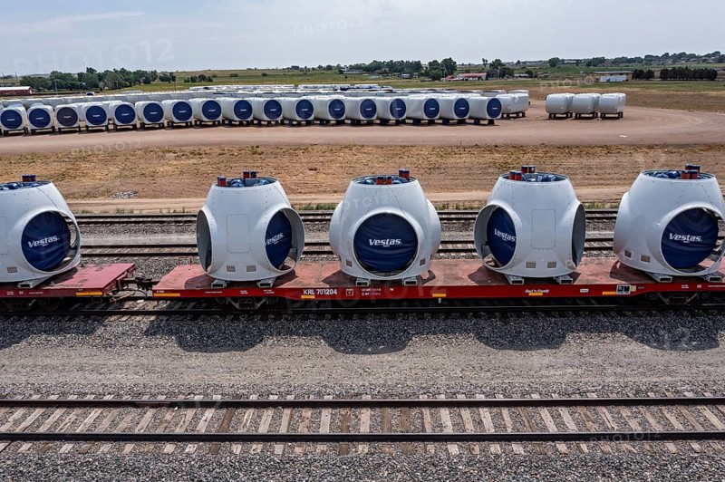 Brighton, Colorado, Wind turbine rotor hubs (on rail cars) and nacelles at the Vestas nacelle factory