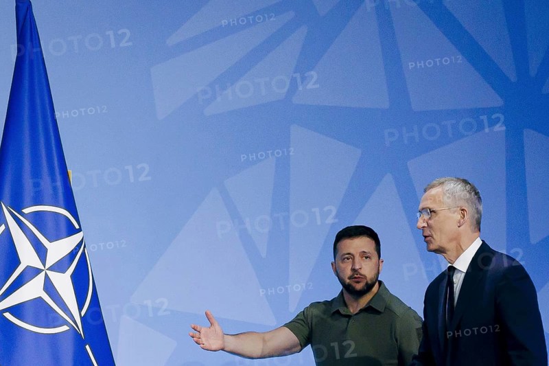 Ukrainian President Volodomyr Zelensky and NATO Secretary General Jens Stoltenberg, pictured at a joint press conference at the NATO Summit in Vilnius, Lithuania. Vilnius, 12.07.2023., Vilnius, Lithuania, Europe