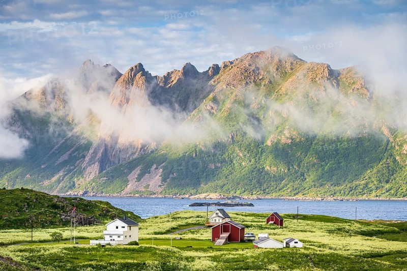 Houses by the fjord, fishing village Hovden, Langoya island, Vesteralen archipelago, Norway, Europe