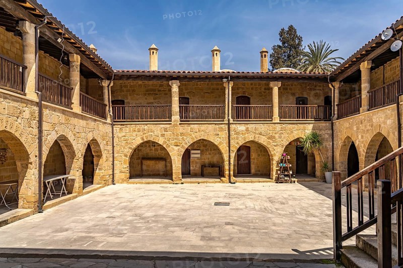 Inner courtyard of the Kumarcilar Hani Caravanserai in North Nicosia or Lefkosa, Turkish Republic of Northern Cyprus