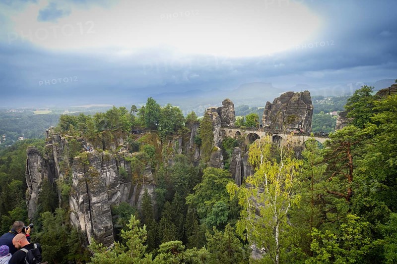 The world-famous Bastei Bridge over the Wehlgrund with Neurathen Rock Castle