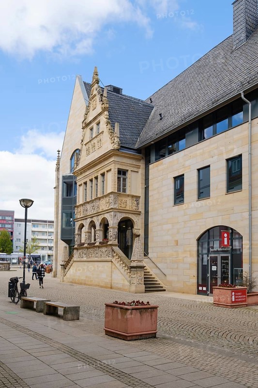 Tourist Information and Facade, City Hall, Holzmarkt, Halberstadt, Harz Mountains, Saxony-Anhalt, Germany, Europe