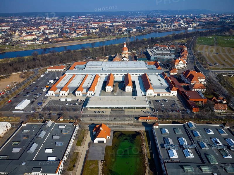 New Dresden Trade Fair Centre in the former Erlwein slaughterhouse.Dresden Sports High School on the right