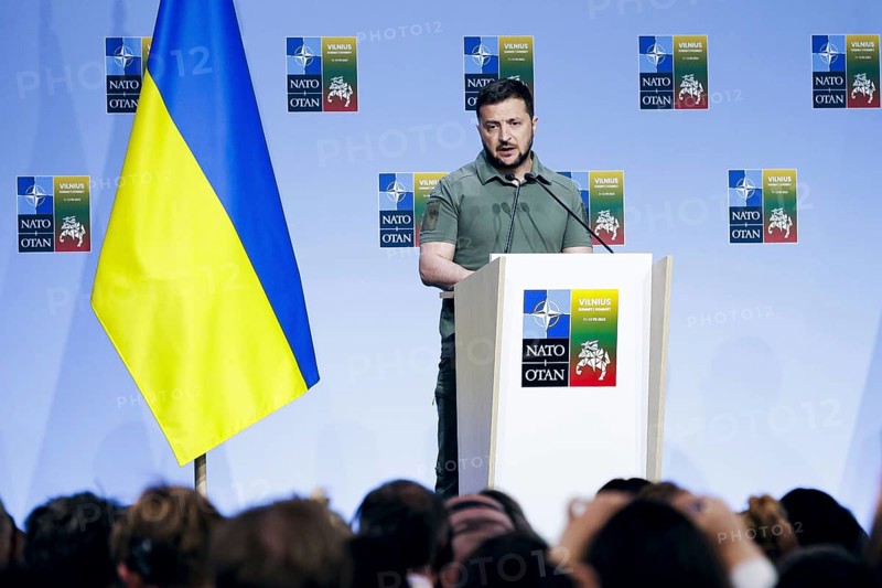 Ukrainian President Volodymyr Selensky, pictured at a joint press conference at the NATO summit in Vilnius, Lithuania. Vilnius, 12.07.2023., Vilnius, Lithuania, Europe