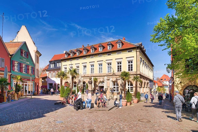 Bad Dürkheim, Germany, April 2021: Town square called römerplatz in historic city center of spa town on sunny day, Europe