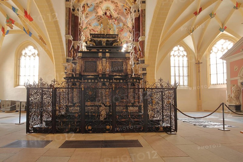 High altar with decorations in the Romanesque Cathedral of St. Mary, interior view, metal grille, railing, handicraft, Freiberg, Saxony, Germany, Europe