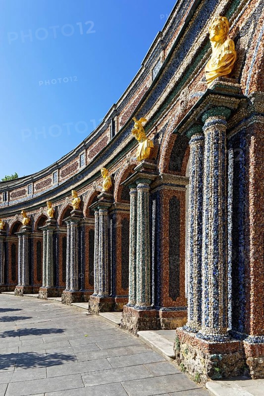 Arcade, columns, gilded bust, facade, exterior walls, ornate, colorful, coloured, coloured stones, crystals and glass pieces, mosaic, mosaic-like arrangement, New Palace, Orangery, Hermitage, historical park, landscape park, Rococo, built from 1715, Eremitage district, Bayreuth, Upper Franconia, Franconia, Bavaria, Germany, Europe