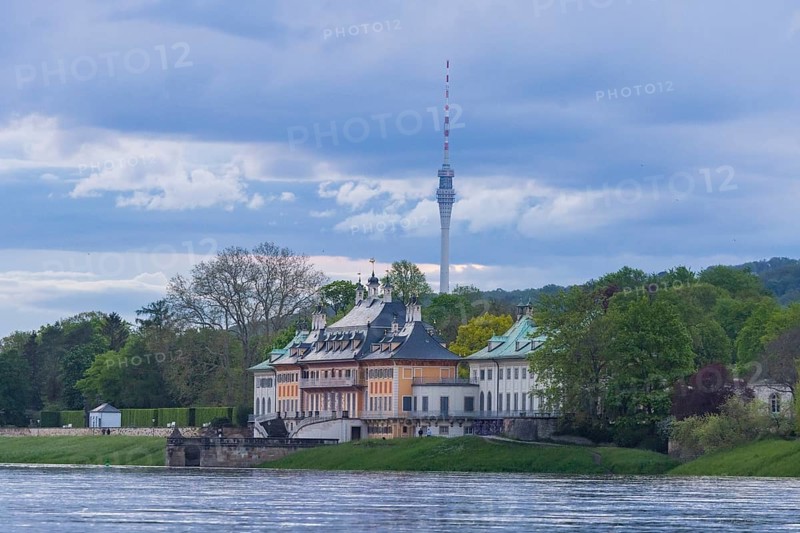 Water Palace of Pillnitz Palace in the evening in the Huntergrund the TV Tower