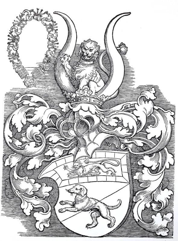The coat of arms of Lorenz Staiber, woodcut by Albrecht Dürer, historical, digitally improved reproduction of an old woodcut