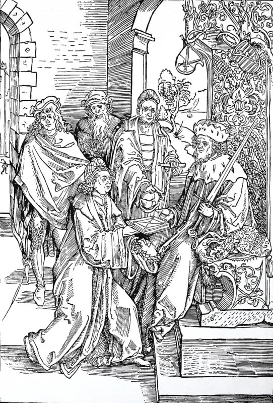 Llustration to Opera Hrosvitae, Conrad Celtes presents his edition of the Roswitha Comedies to Elector Frederick of Saxony, woodcut by Albrecht Dürer, historical, digital improved reproduction of an old woodcut