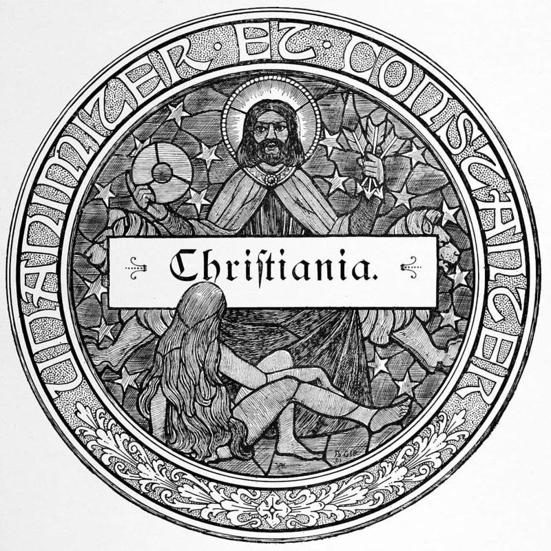 Oslo formerly Christiania, capital of Norway, emblem round, saint, woman, sky, stars, inscription, historical illustration c. 1898