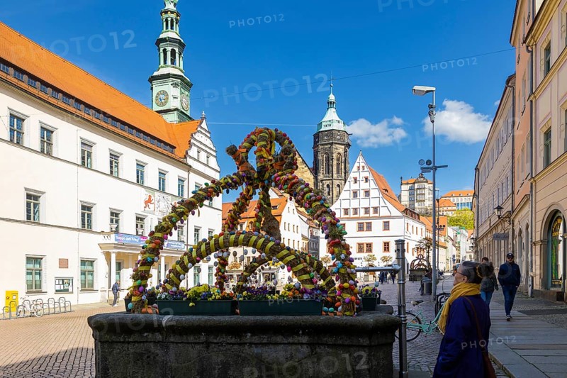 The old town of Pirna decorated for Easter. Since reunification, numerous historically valuable buildings have been renovated in an exemplary manner