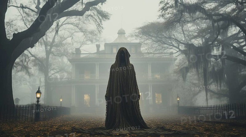 Eerie haunting ghostly female figure walking in front of a foggy southern plantation antebellum mansion on halloween night, generative AI