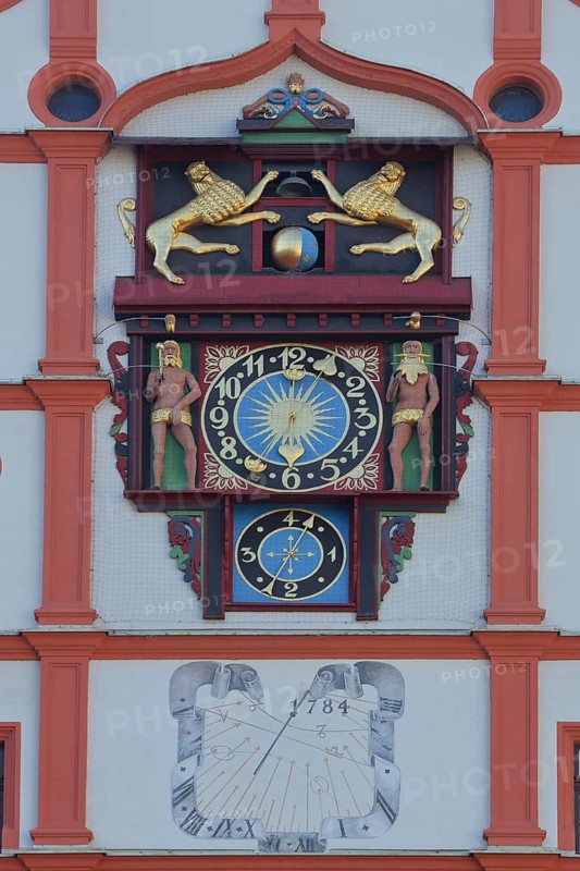Gable of the Old Town Hall with clock, lion figures and sundial, detail, old, Plauen, Altmarkt, Plauen, Vogtland, Saxony, Germany, Europe