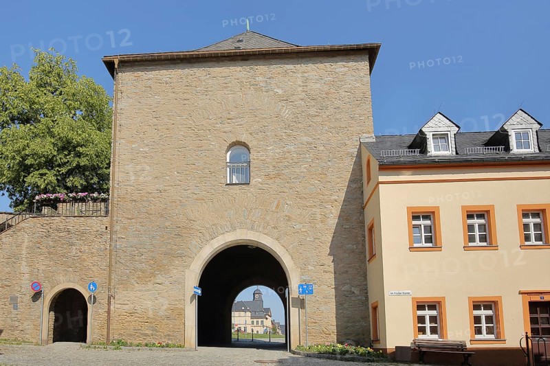Zschopau Gate built 1561 and town fortification with view to the district court, Marienberg, Erzgebirge, Saxony, Germany, Europe