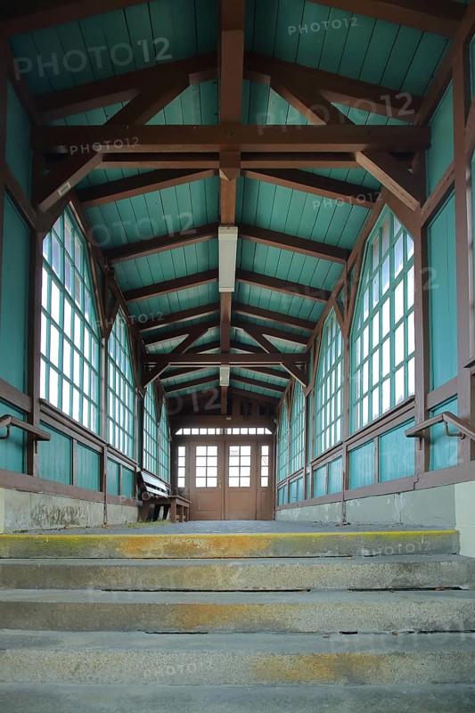 Access through corridor and cabin, vestibule, window, wooden beams at the station of the Fichtelbergbahn, Cranzahl, Sehmatal, Erzgebirge, Saxony, Germany, Europe