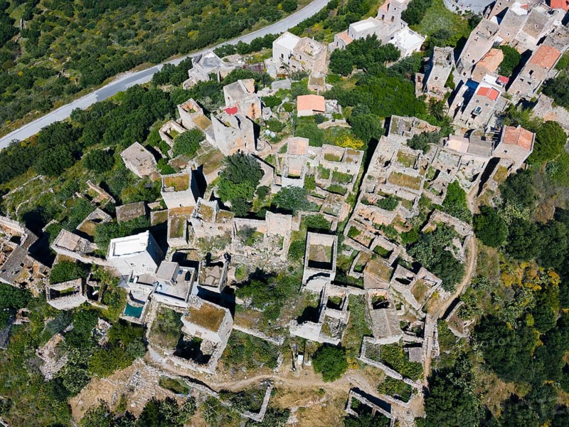 Drone shot, Vathia, Ithylo, Anatoliki Mani, Mani, Lakonia, Peloponnese, Greece, Europe