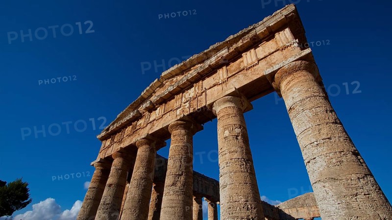 Evening light, Doric Temple, Segesta, super wide angle, oblique aerial view, front, pediment, Ancient Site, Archaeological Site, Doric, Trapani Province, Sicily, Italy, Europe