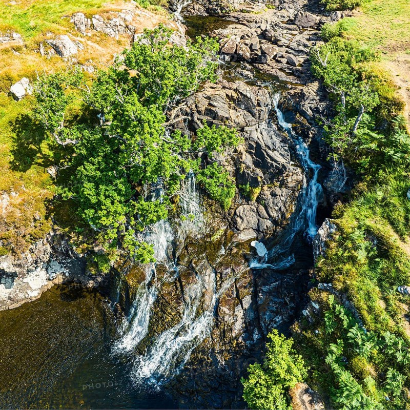 Eas Fors Waterfall from a drone, Isle of Mull, Scottish Inner Hebrides, Scotland, UK