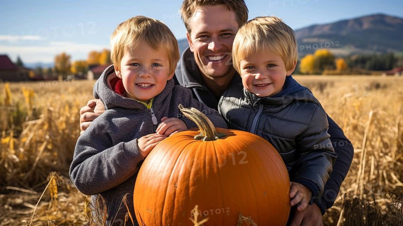 Happy young father and sons showing off their large ripe fall pumpkin at the pumpkin patch, generative AI