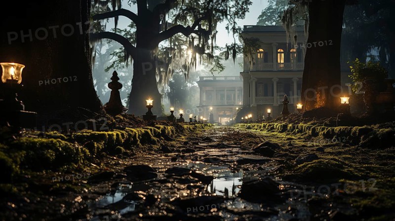 Halloween haunted mansion dimly lit amongst the foggy trees, generative AI