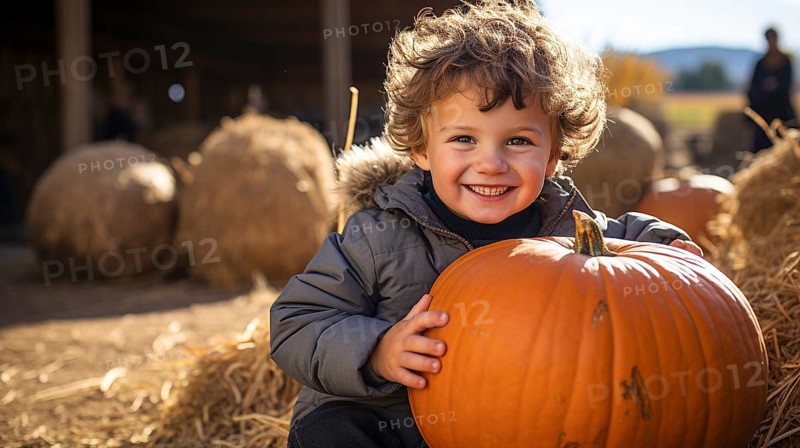 Happy young girl showing off her large ripe fall pumpkin at the pumpkin patch, generative AI