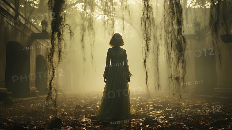 Ghostly female figure silhouette standing or walking amidst the spooky halloween fog outside, generative AI