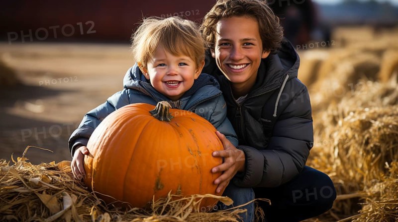 Happy young brothers showing off their large ripe fall pumpkin at the pumpkin patch, generative AI