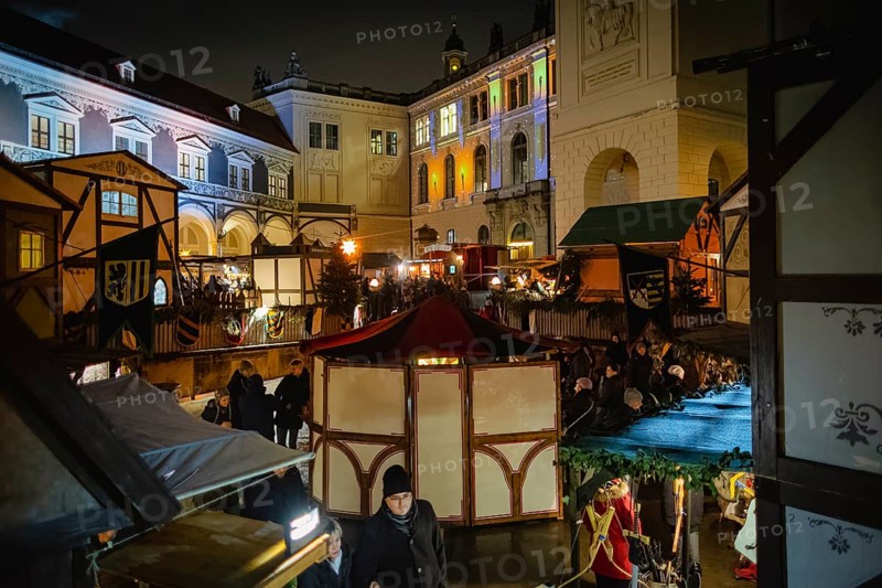 Medieval Christmas market in the stable yard of Dresden's Residenzschloss, a Renaissance knight's tournament complex
