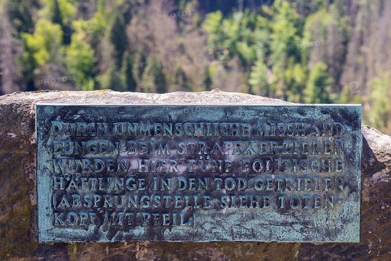 Hohnstein Castle and Town in Saxon Switzerland. Plaques commemorating the time when a concentration camp was housed at the castle under National Socialism