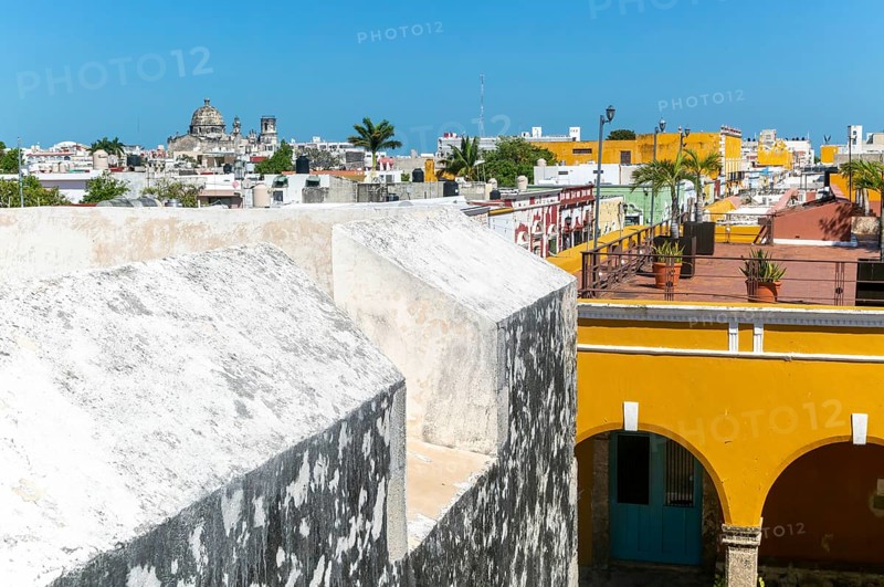 View from city wall over Spanish colonial buildings in the old city of Campeche, Campeche State, Mexico, Central America