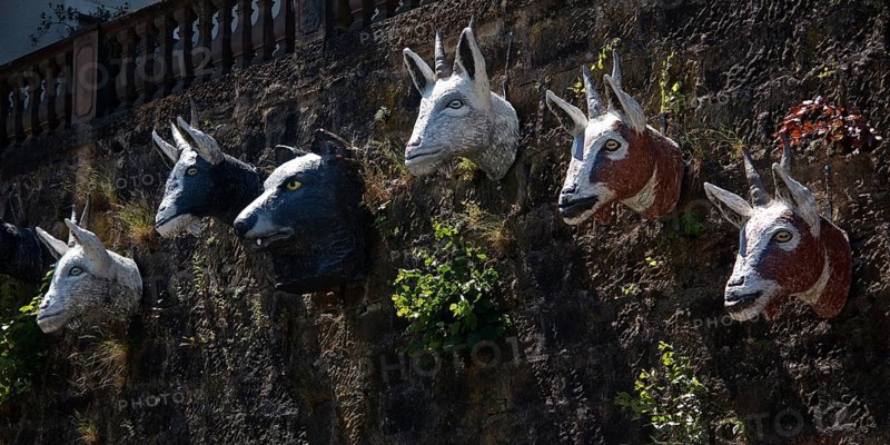 The Wolf and the Seven Young Goats on a Wall, Grimm-Dich Path, Brothers Grimm, Marburg an der Lahn, Hesse, Germany, Europe
