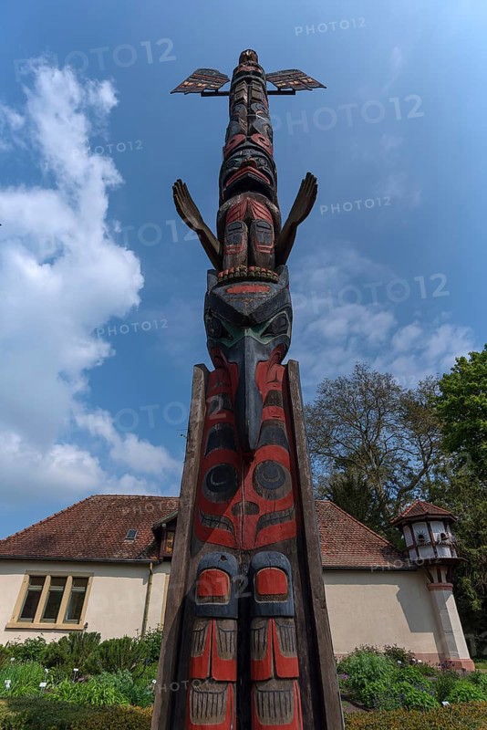 Canadian totem pole in the municipal park of Lahr, Baden-Württemberg, Germany, Europe