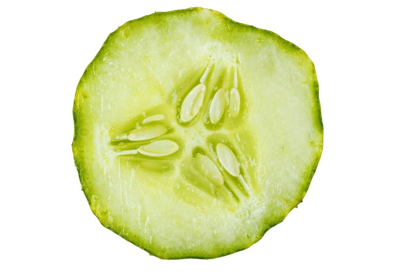 Close-up of a cucumber (Cucumis sativus) slice, on white