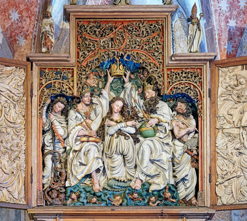 Altarpiece, Coronation of Mary by Jesus and God the Father, carved altar of the Niederrotweil Madonna, late Gothic, carver Master HL, Saint Michael, Niederrotweil, Vogtsburg, Kaiserstuhl, Upper Rhine, Baden-Württemberg, Germany, Europe