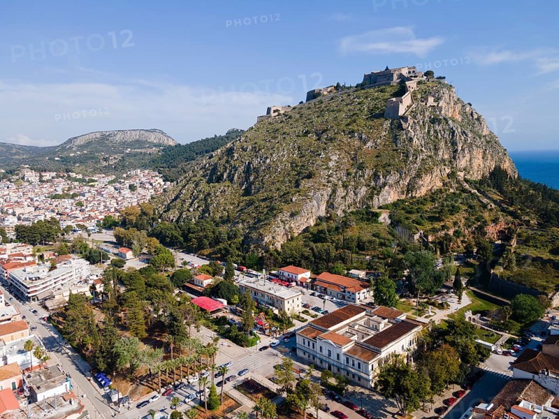 Aerial view, Old Town and Palamidi Fortress, Nafplio, Nauplia, Nauplion, Nafplion, Argolis, Argolic Gulf, Peloponnese, Greece, good weather, sea, Europe