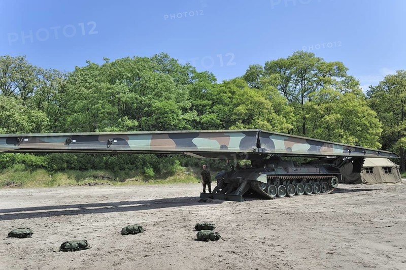 Iguana support bridge mounted on Leopard I tank, combat engineer vehicle of the Belgian army, Belgium, Europe