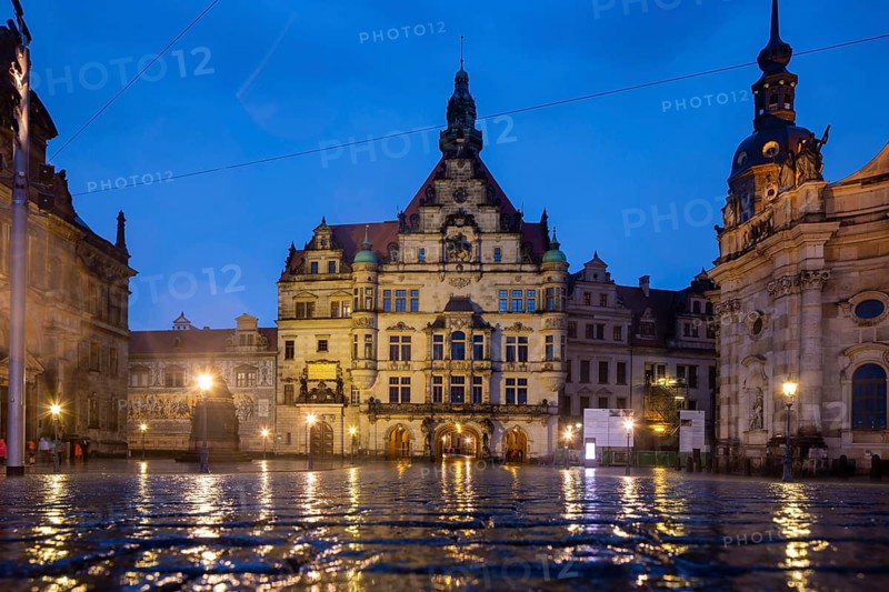 House of Estates, Procession of Princes, Georgentor, Hausmannsturm and Court Church on Schlossplatz during rain, Dresden, Saxony, Germany, Europe
